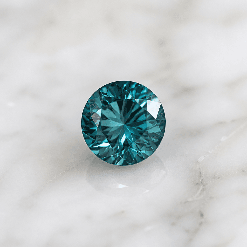 Natural loose teal sapphire, round brilliant cut on marble